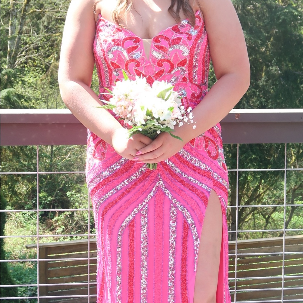 Jovani Bead Print Fitted Strapless Slit Gown, size 14. Neon pink.